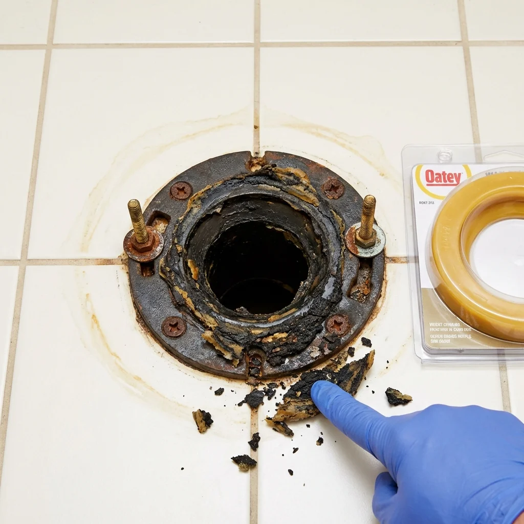 Failed wax ring showing water seepage at the base of a toilet in a Stockbridge, GA home