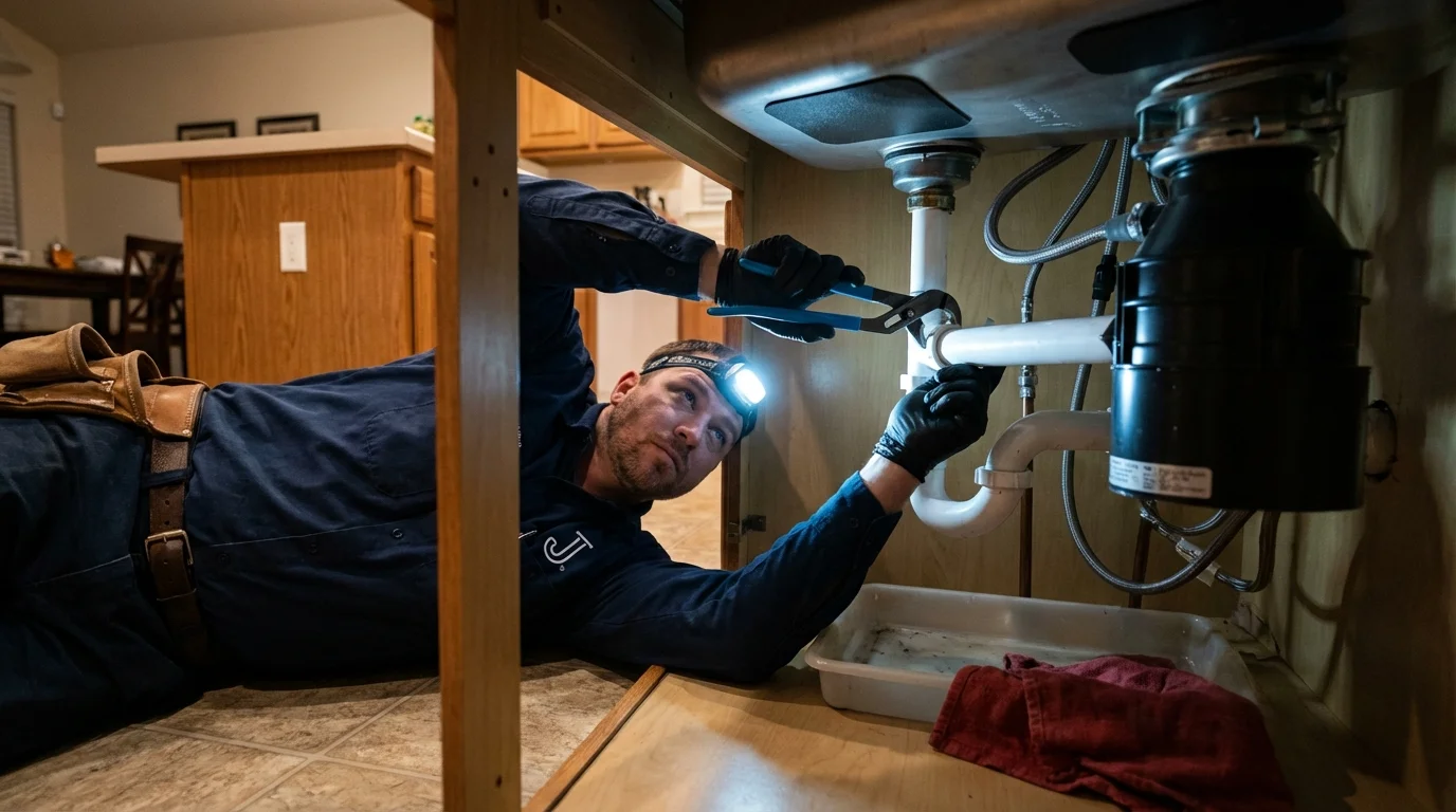 P-trap and supply line connections under a kitchen sink showing a common leak point in Stockbridge, GA